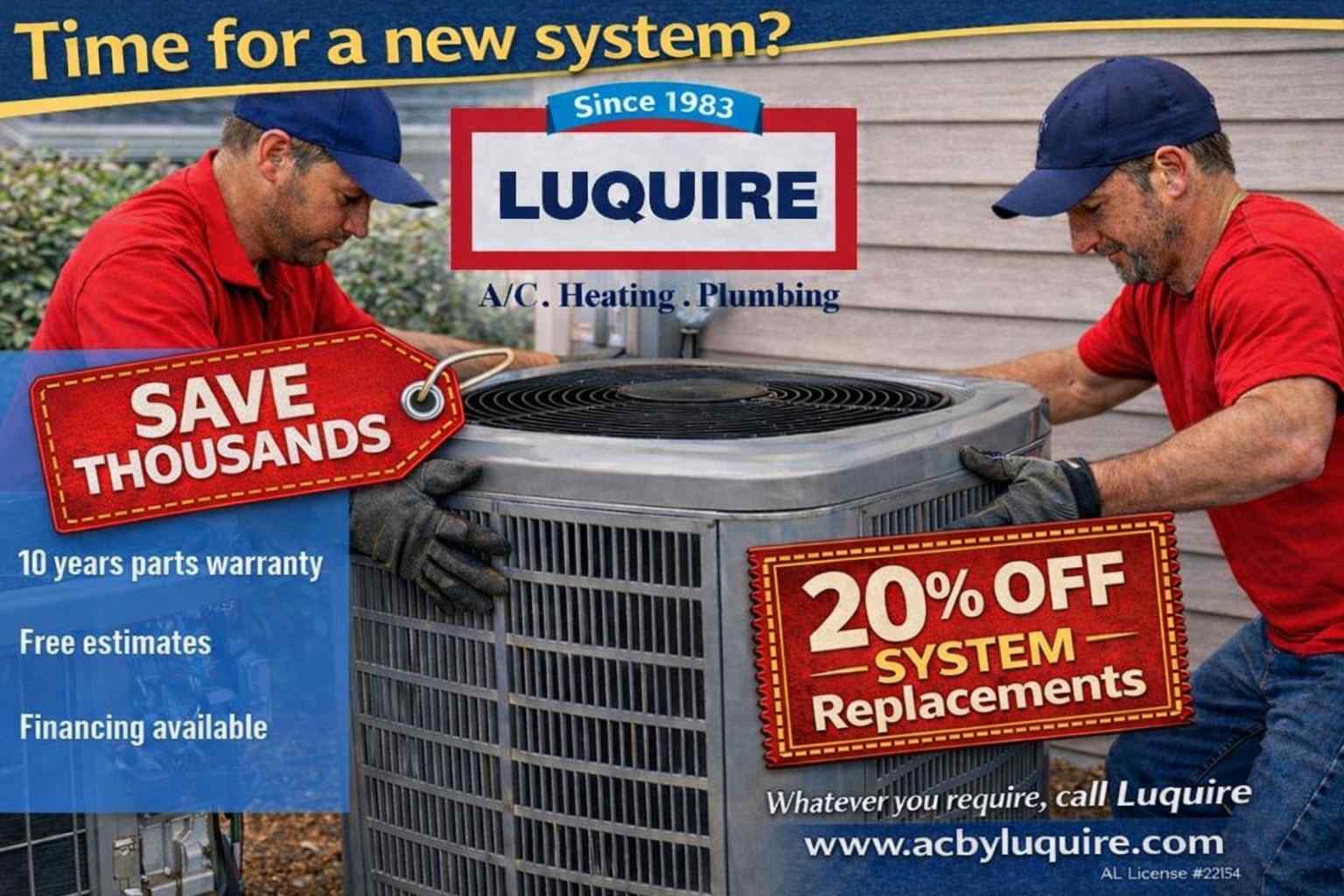 Two men in red shirts and blue hats install an air conditioning unit. Bold text highlights a 20% discount on system replacements and savings offers.