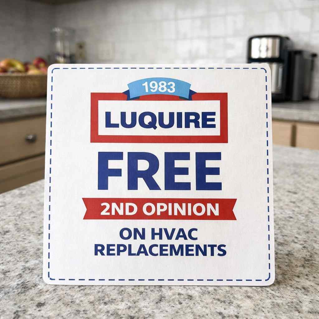 The image shows a kitchen counter sign offering a free second opinion on HVAC replacements. The sign features bold text and a simple design.