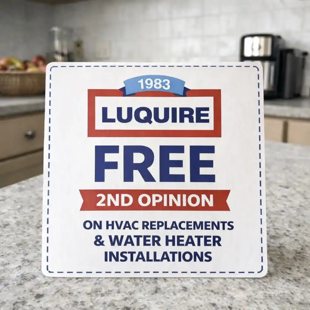 A kitchen counter displays a sign offering a "Free 2nd Opinion" for HVAC and water heater services. The design is bold with red and blue accents.