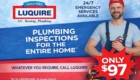 Alt text: "Plumbing service ad with a smiling worker in a cap holding tools. Features 'Luquire' logo and details, offering inspections for $97. Bright, inviting tone."