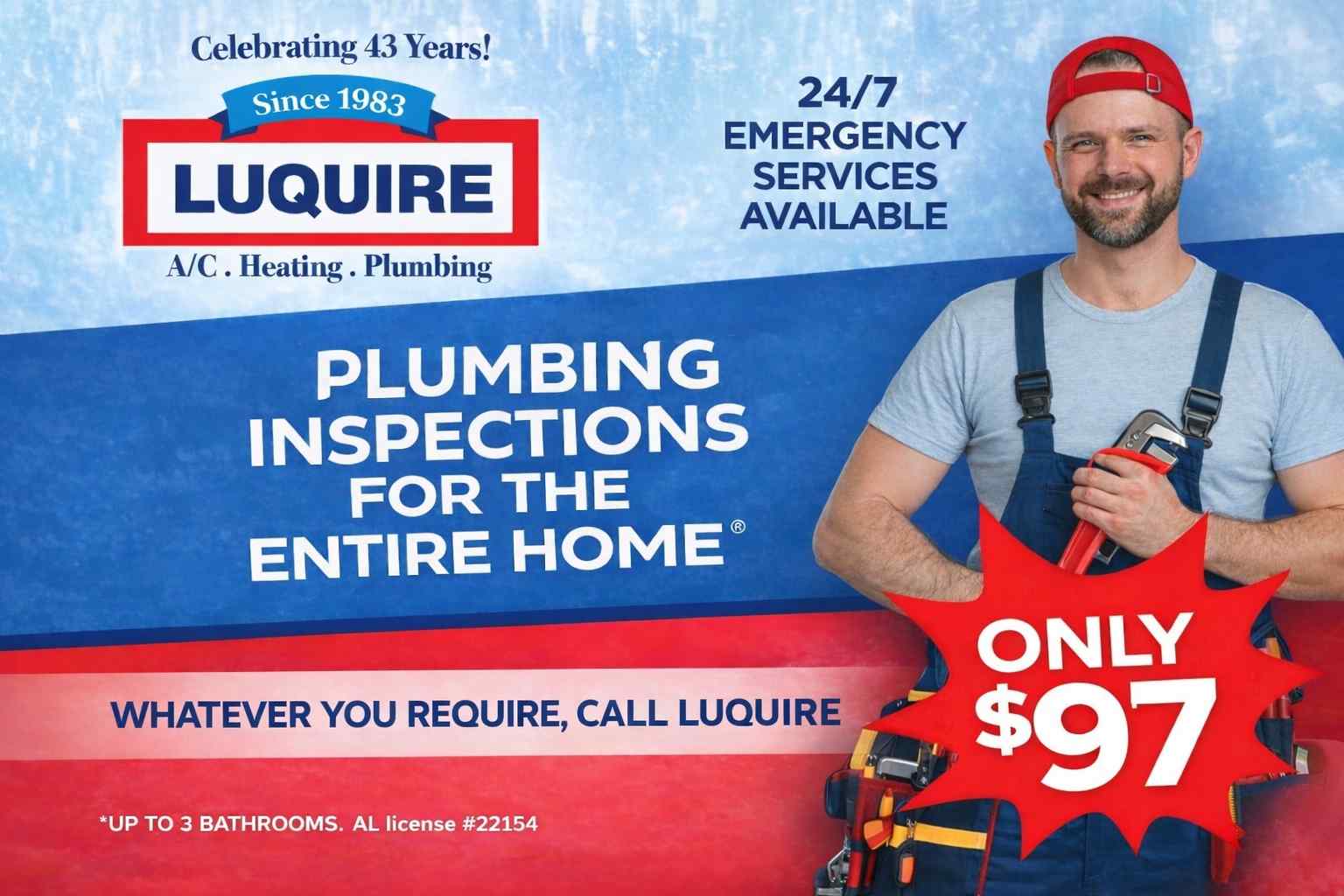 Alt text: "Plumbing service ad with a smiling worker in a cap holding tools. Features 'Luquire' logo and details, offering inspections for $97. Bright, inviting tone."