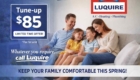 A smiling family of four sits on a sofa, conveying comfort. Text highlights a $85 A/C tune-up offer by Luquire, emphasizing spring readiness.