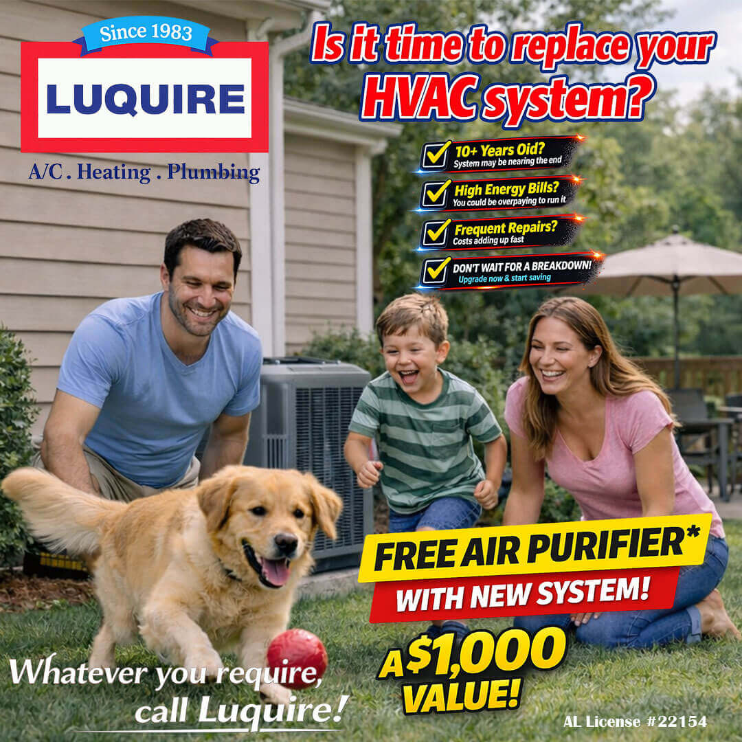 A family with a dog plays on the grass near an HVAC system. Overlay text asks if it's time to replace your HVAC. Offer: free air purifier with a new system.