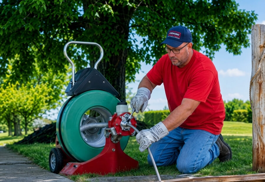 A man in a red shirt and blue jeans kneels on the ground, using a plumbing snake machine next to a tree.
