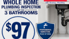 Alt text: "Plumbing service ad with a smiling worker in a cap holding tools. Features 'Luquire' logo and details, offering inspections for $97. Bright, inviting tone."