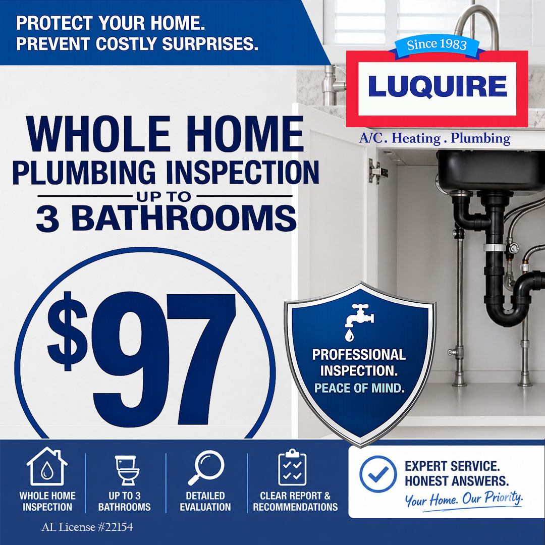 Alt text: "Plumbing service ad with a smiling worker in a cap holding tools. Features 'Luquire' logo and details, offering inspections for $97. Bright, inviting tone."