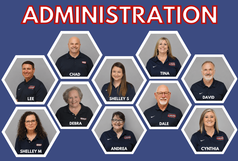 Hexagonal portraits of ten smiling individuals labeled with names, set against a blue background. The word "ADMINISTRATION" is at the top.