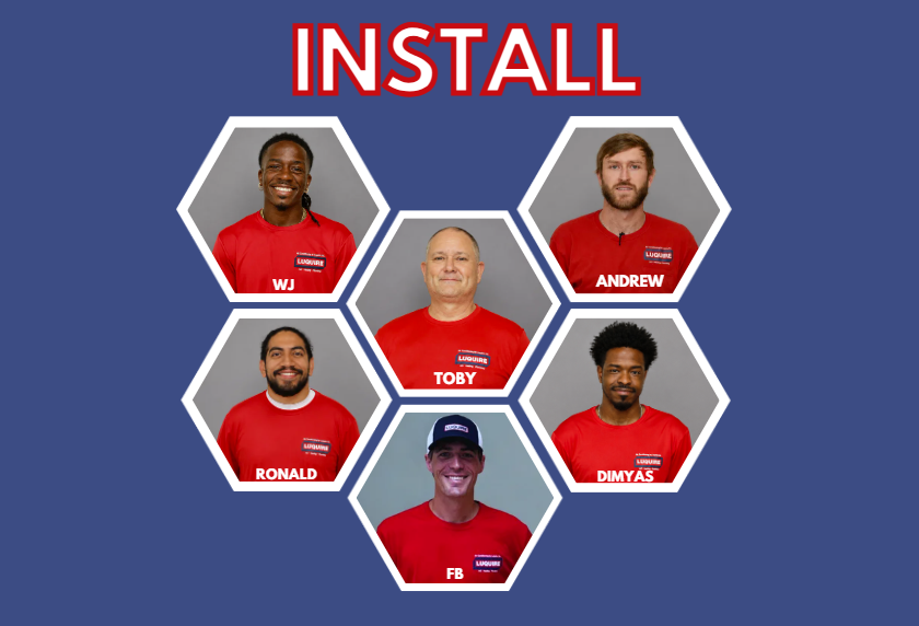 Six install technicians in red shirts are arranged in a hexagonal grid on a blue background. Each has a name label and a smiling expression, conveying teamwork.
