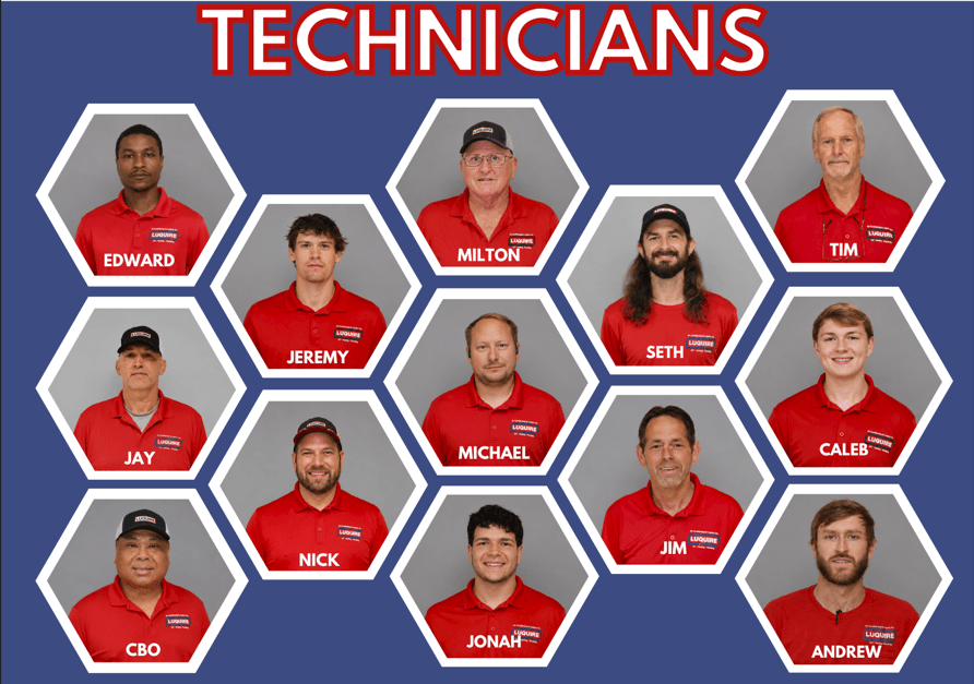 Twelve technicians in red shirts are arranged in a hexagonal grid on a blue background. Each has a name label and a smiling expression, conveying teamwork.