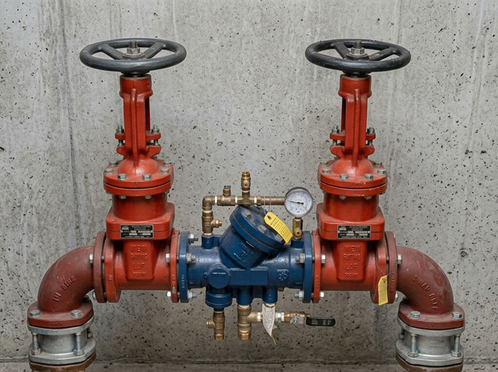 Two large red industrial valves with handwheels are mounted on a concrete wall. A blue water meter and pressure gauge are centered between them.