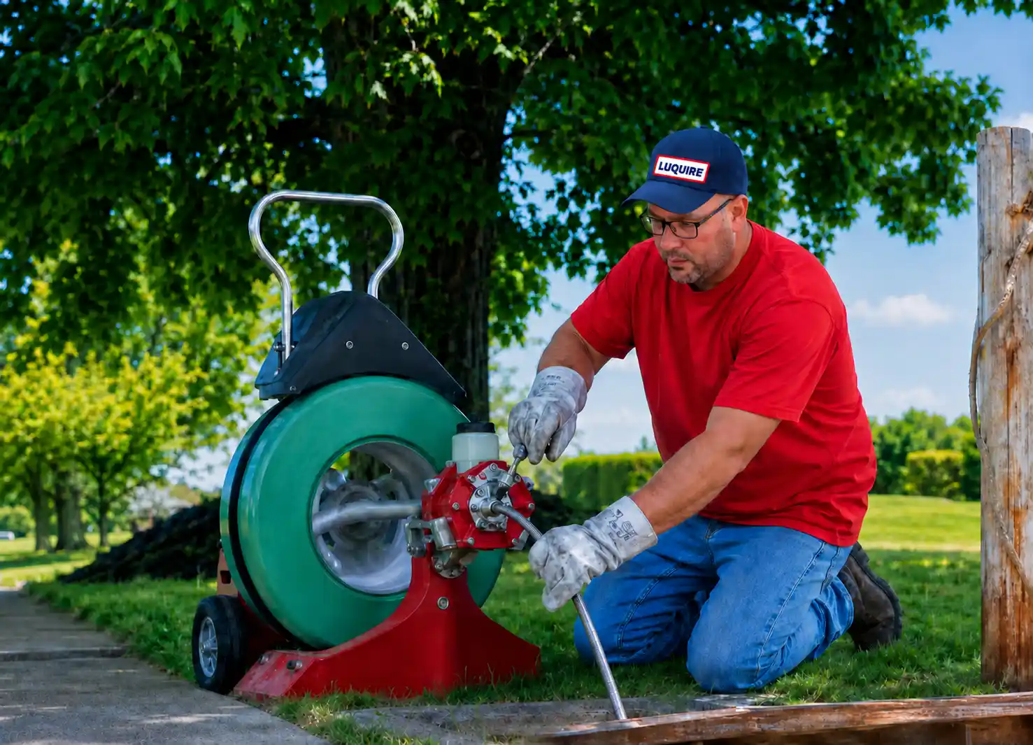 A man in a red shirt and blue jeans kneels on the ground, using a plumbing snake machine next to a tree.