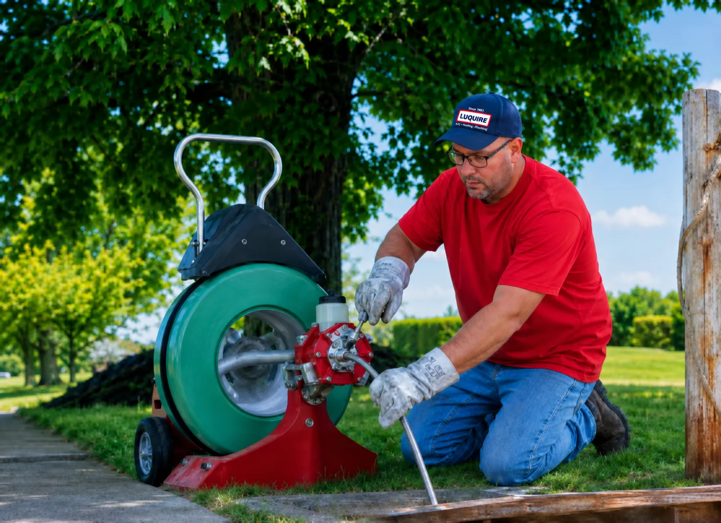 A man in a red shirt and blue jeans kneels on the ground, using a plumbing snake machine next to a tree.