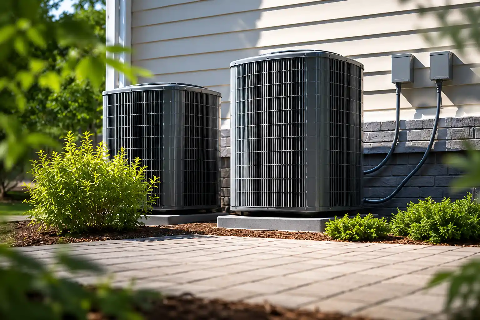 Two air conditioning units sit next to a house, surrounded by greenery and a paved walkway.