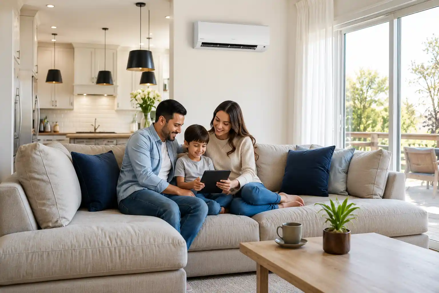 A family of three, consisting of a father, mother, and young son, sitting on a beige sofa in a modern living room, looking at a tablet together. There are large windows with natural light, houseplants, and a coffee table in the scene.