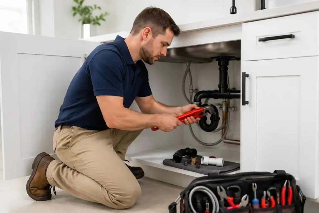 A plumber kneeling while working on a sink's plumbing under a kitchen cabinet, with tools and a tool bag nearby.